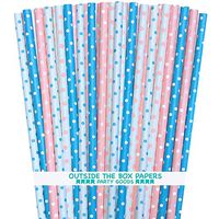Gender Reveal Paper Straws - Light Blue Pink White - Polka Dot - 7.75 Inches - 100 Pack - Outside the Box Papers Brand