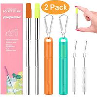 2 Pack Reusable Portable Metal Straws, Fomuson Telescopic Foldable Stainless-Steel Drinking Straw with Case and Cleaning Brush Carabiner for Coffee Juice Smoothie Milkshake BPA Free (Orange, Green)