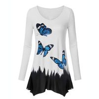 ✿HebeTop✿ Womens Street Style Cotton Butterfly Print Lrregular Hem Top Shirts White