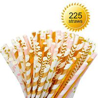 PAPER STRAWS BIODEGRADABLE Bonus 225 Count - 9 Pink Gold Colors Eco Friendly Bulk Compostable Durable Drinking Straw for Drinks, Juices, Shakes, Smoothies, Restaurants, Bars & Wedding Parties