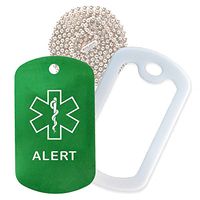 Alert Medical Alert ID Necklace with Green Tag, White Silencer, and 30'' USA Chain - 154 Color Choices