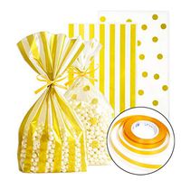 ADIDO EVA Cellophane Bags Gold with Ties for Treat Cookie Candy Party Favors (10 x 6 x 2.3 inch Striped and Polka Dots 100CT)