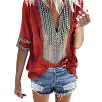 Amlaiworld Women Plus Size Blouse Top Fashion Ladies Deep V-Neck Print Half Sleeve Loose Tops Blouse T-Shirt Tee Tops Red