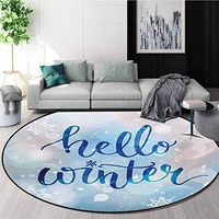 Winter Modern Machine Washable Round Bath Mat,Hello Winter Stylized Lettering On Abstract Blurry Snowflakes Bokeh Effect Non-Slip Living Room Soft Floor Mat,Diameter-55 Inch