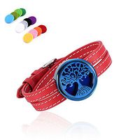 constantlife Tree of Life Stainless Steel Fragrance Jewelry Adjustable Genuine Leather Band Bracelet Essential Oil Diffuser with 12 Pads (Red and Blue)