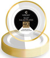 Disposable Clear Plastic Plates – 40 Pack Thin Gold Rim 10.25” Round Plate for Dinner, Salad, Dessert – Elegant Design for Wedding, Birthday, Party – by Elite Selection
