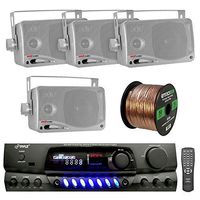 PYLE PT260A 200-Watt 2-Channel Digital AM/FM Stereo Amplifier Receiver Bundle Combo With 4x 3.5'' Inch 200 Watt 3-Way Silver Weather Proof Mini Box Speaker System, Enrock 50 Foot 16g Speaker Wire