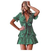 Kiminana Women Summer Sweet Ruffle Beach Sundress Retro Polka Dot Print Holiday Dress Casual V-Neck Short Sleeve Mini Dress