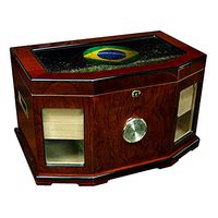 Large Premium Desktop Humidor - Glass Top - Flag of Brazil (Brazilian) - Soccer Design - 300 Cigar Capacity - Cedar Lined with Two humidifiers & Large Front Mounted Hygrometer.