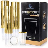 ConnectedPlus 12 oz Gold Rimmed Plastic Cups: 100 Elegant Gold Trim Disposable Wine or Cocktail Party Glasses for a Wedding or Holiday Parties - Clear Plastic Cup with Fancy Trim