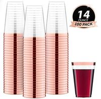 100 Rose Gold Rimmed Plastic Cups | 14 oz Disposable Wine Cups | Plastic Wine Cups | Plastic Cocktail Tumblers | Gold Plastic Cups For Parties Holiday Wedding and Occasions | Clear Bulk Party Cups