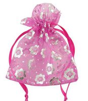 PEPPERLONELY Brand 100PC Silver Flower Printed Fuchsia Party Favor Drawstring Organza Gift Bags 90x70mm (3-1/2x2-3/4 Inch)