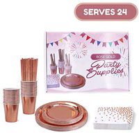 All Prime Rose Gold Plates, Napkins, Cups, and Straws for 24 Guests; 146 Pieces -Foil Enhanced Rose Gold Paper Salad/Dessert Dinner Plates Cups Napkins Straws; Rose Gold Bachelorette Party Supplies