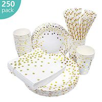 esafio 250 PCS Disposable Paper Plates Set, Tableware Sets Include 50 Dinner Plates, 50 Dessert Plates, 50 Paper Cups, 50 Paper Luncheon Napkins, 50 straws for Birthday Party, Wedding, Baby Shower