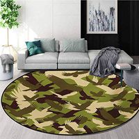 Camo Modern Machine Washable Round Bath Mat,Eagle Silhouettes Flying Open Wings Falcon Hawk Armed Forces Theme Non-Slip Living Room Soft Floor Mat,Round-51 Inch Army Green Dark Brown Cream