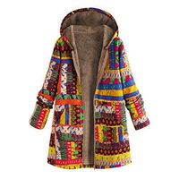 BALABA◕｡Women Winter Warm Zip Boho Coat, Color Printing Hooded Oversize Hasp Coats with Pockets Vintage Floral Coat Yellow