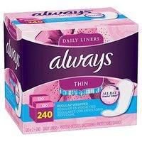 Always Thin Daily Liners, Regular Absorbency, Unscented, Wrapped, 240 Count Pack of 2,(480 Count Total)