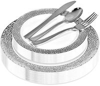 Silver Lace Plastic Dinnerware (125-Piece) Plastic Plates, Plastic Forks, Plastic Knives, Plastic Spoons - Service for 25 Guests Fancy Place Setting for Wedding, Party, Baby Shower, Birthday, Holiday