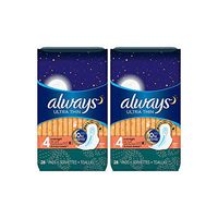 Always Ultra Thin Feminine Pads for Women, Size 4, Overnight Absorbency, with Wings, Unscented, 28 Count-Pack of 2 (56 Count Total)