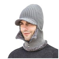 Theoylos Men's Winter Warm Skull Cap Outdoor Windproof Fleece Knit Hat with Visor Zip Up Plus Velvet Ear Warm Hat Gray