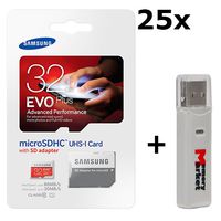 25 PACK - Samsung Evo Plus 32GB MicroSD HC Class 10 UHS-1 80mb/s Mobile Memory Card 32G MB-MC32DA with Adapter LOT OF 25 and USB 2.0 MemoryMarket dual slot MicroSD & SD Memory Card Reader