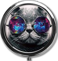 Cool cat Custom Round Black Pill Case Pocket 2.1 inches Medicine Tablet Holder Organizer Case for Purse/Three-Compartment Pill Box/Black Pill Case