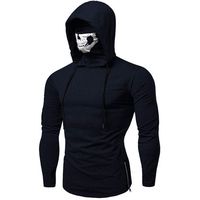 Fashion Mens Mask Skull Pure Color Pullover Long Sleeve Hooded Sweatshirt Tops Blouse (M, Navy)