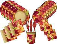 Forest Floor Thanksgiving Harvest Paper Plates Napkins Cups and Utensils for 16 in Autumn Colors