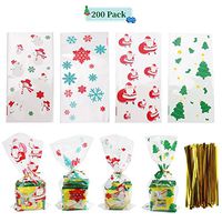 200 Pack Cellophane Clear Candies Bags with Snow Flake Snowman Santa Claus Christmas Trees for Christmas Party Favor Bags