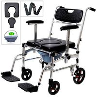 Nurth 4 in 1 Wheelchair Shower Commode Mobile Chair/Padded Toilet Seat Shower Transport Chair with Brakes, Removable Pedal, up and Down arm, PU Commode Seat and 2 Pail, 8" Rear Wheel, 6" Front Wheel