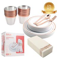 175 Rose Gold Plates, Cups, Silverware, Disposable Plastic Elegant Dinner Set for 25 Guests, 7.5 Small Dessert, 0.25 Large Plate, Cup, Forks, Knives, Spoons, Napkins for Party, Birthday, Wedding