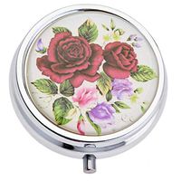 FZJ Metal Pill Boxes with Mutiple Patterns (Gods, Blooms, Birds) Compact Round Pill Box and Organizer with 3 Plastic compartments, Small Medicine Box for Purse, Pocket Decorative Gift Pill Box (Rose)