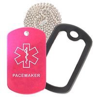 Pacemaker Medical Alert ID Necklace with Pink Hot Tag, Black Silencer, and 30'' USA Chain - 154 Color Choices