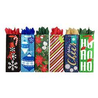 Wine Bottle Holiday Gift Bags with Tissue Paper (Vibrant Holiday, 6 Bottle Bags + Tissue)