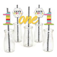 1st Birthday Let's Fiesta - Paper Straw Decor - Mexican Fiesta First Birthday Party Striped Decorative Straws - Set of 24