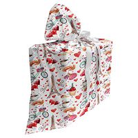 Ambesonne Romantic Fabric Gift Bag, Valentines Day Love Themed Paris Coffee Wine Parfumes Bikes with Heart Backdrop, Present Sack for Baby Showers Birthdays with 3 Ribbons, 27" X 32", Red Coral