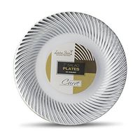 [40 Count - 7 Inch Plates] Laura Stein Designer Tableware Premium Heavyweight Plastic White Appetizer - Salad Plates With Silver Border, Party & Wedding Plate, Classic Series, Disposable Dishes