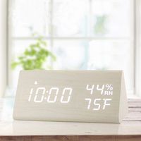 Digital Alarm Clock, with Wooden Electronic LED Time Display, 3 Alarm Settings, Humidity & Temperature Detect, Wood Made Electric Clocks for Bedroom, Bedside, White