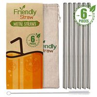 Friendly Straw 6 Pack 10.5" x .5" Reusable Boba Bubble Tea Metal Straws, 6 Straight Tipped Stainless Steel Jumbo Drinking Straws With Free Brush and Pouch