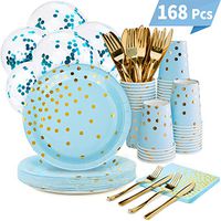Blue and Gold Party Supplies Set - 168PCS Blue Paper Plates Disposable Dinnerware Set Dots 7” & 9” Paper Plates Napkins Cups Forks Knives Balloons Serve 24 Birthday Party Wedding Baby Shower