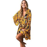 Women Boho Floral Deep V Bell Sleeve Long Maxi Evening Party Cocktail Beach Mini Dress Sundress (S, Yellow)