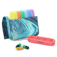 Pill Organizer,LIZIMANDU Weekly Travel Pill Case Box Medication Reminder Daily AM PM, Day Night 7 Compartments,for 4 Times A Day, 7 Days a Week-Includes Leather PU Carrying Case (Blue Quicksand)