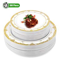 Disposable Plastic Party Plates Gold Rim, 50 Premium Heavy Duty 10.25 Inch Dinner Plates and 50 Disposable 7.5 Inch Dessert Appetizer Elegant Fancy Heavy Duty for Party Wedding Events 100 Piece