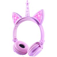 LOBKIN Unicorn Kids Cat Ear Headphones LED Light Up Earphone Wired Adjustable for Boys Girls Back to School Supplies, Kids Headband Earphone Foldable Over On Ear Game Headset for Toddlers