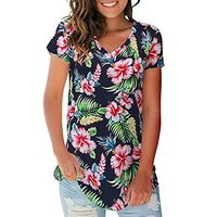 general3 Women Short Sleeve T-Shirt Summer Floral Print V Neck Tee Shirts Loose Casual Tunic Blouse Tops (Navy, Medium)