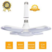 LED Garage Light 60W E26 6000LM Deformable LED Garage Ceiling Lights 6500K Daylight White with 4 Adjustable Panels, Deformable LED Shop Lights for Garage Warehouse Workshop Basement