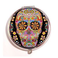 Lovefive Sugar Skull Art Custom Fashion Silver Round Pill Case Drug Organizer Holder Pocket Or Wallet Organizer Case