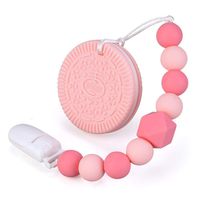 Leayjeen Baby Teething Toys BPA Free Silicone Teether Chew Egg with Pacifier Clip Cute and Effective Pain Relief Pink Cookie for Stylish Girl