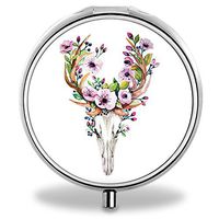 Compact 3 Compartment Medicine Case, IMLONE Customized Watercolor Flower Skull Deer Pill Organizer Metal Pill Box Pill Container for Purse, Travelling and Daily Needs