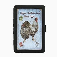 Perfection In Style Black Color Metal Cigarette Case D-044 Happy Chickens Lay More Eggs, Rooster Vintage